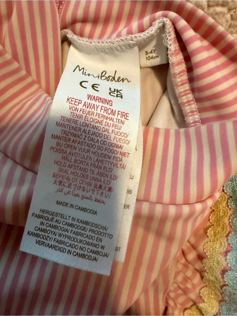 Mini Boden Frill Long Sleeve Striped One-Piece Rashguard Swimsuit Pink 3-4 Years